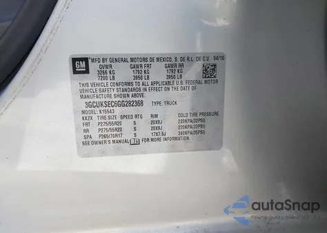 2016 Chevrolet Silverado 1500 1Lz z USA, uszkodzony, nr VIN 3GCUKSEC6GG282368